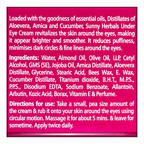 Image of Sunny Herbals Under Eye Cream With Essential Oil, Extract of Aloevera, Arnica & Cucumber | Revitalizes Skin Around The Eyes | Reduces Puffiness, Minimizes Dark Circles & Fine Lines Around The Eyes | 50gm