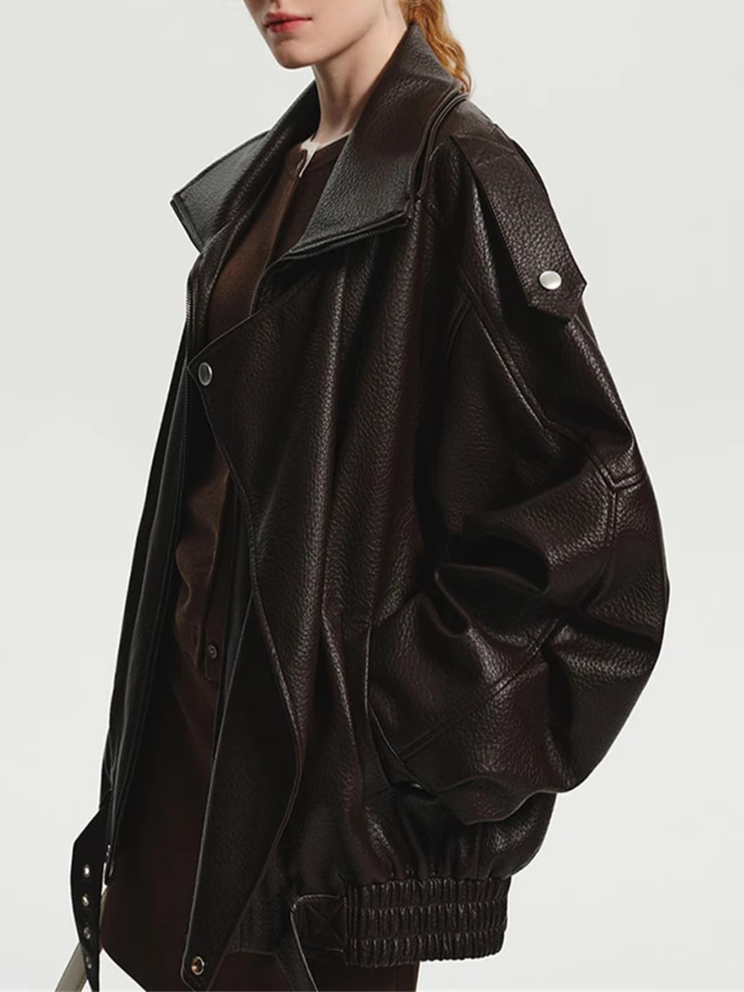 Women’S Brown Oversized PU Leather Jacket Mandarin Collar Zipper Closure Pockets Full Sleeve Coat