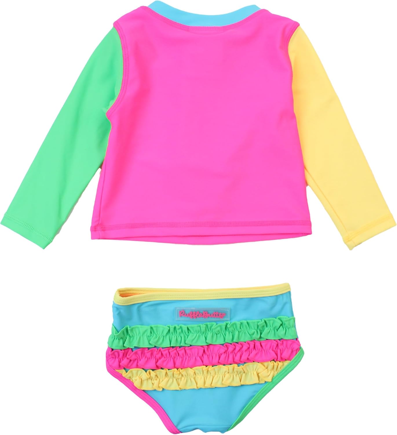 RuffleButts® Baby/Toddler Girls Long Sleeve Rash Guard 2 Piece Swimsuit Set w/UPF 50+ Sun Protection with Zipper 2T Neon Color Block image 2 of 2 B0DQ9H8KYF