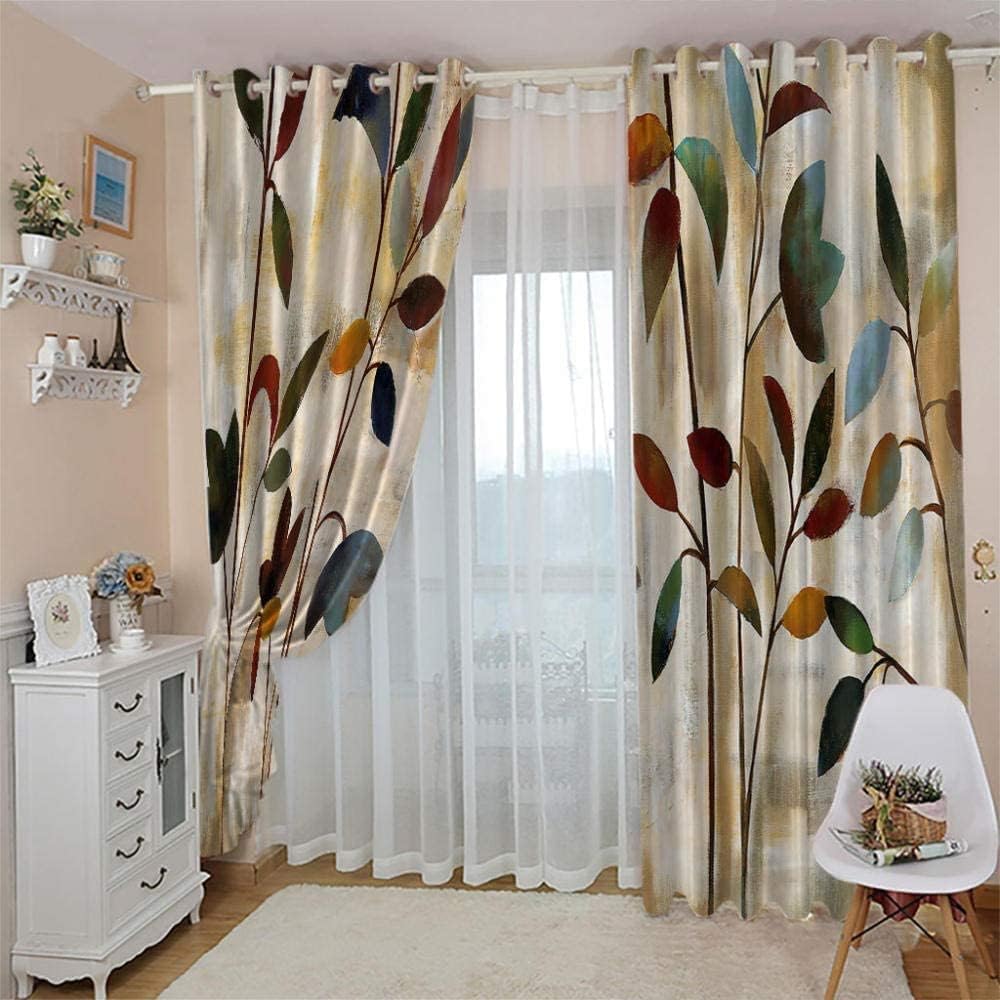 Feuilles Floral Lot de 2 Rideaux Occultants, Feuilles Floral Fleurs Rideau Thermique Isolant Anti Froid, 140x220, Rideau Occultant avec Œillets Rideau Fenetre
