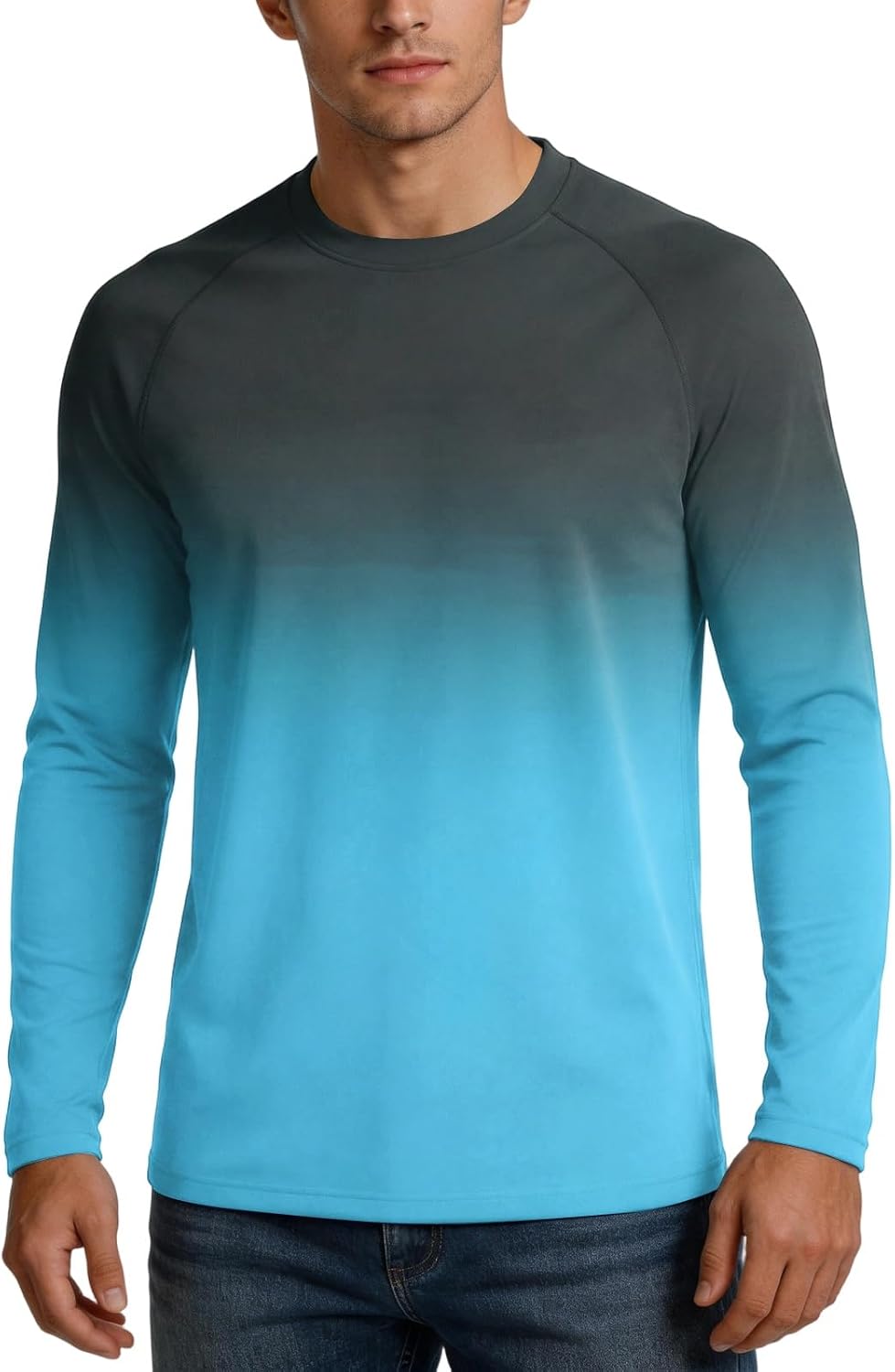 Mens Long Sleeve Shirts Workout Summer UV Athletic Rash Guard Quick Dry Cooling Gradient Lightweight Breathable for Surf
