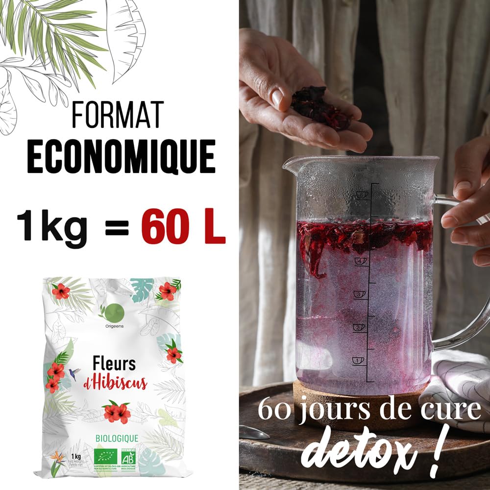 ORIGEENS HIBISCUS BIO 1kg Grade Supérieur | Fleur Hibiscus pour Bissap, Karkadé, Thé glacé, Infusion et Tisane | Infusion Detox Drainante | Fleurs d'Hibiscus Séchées Bio