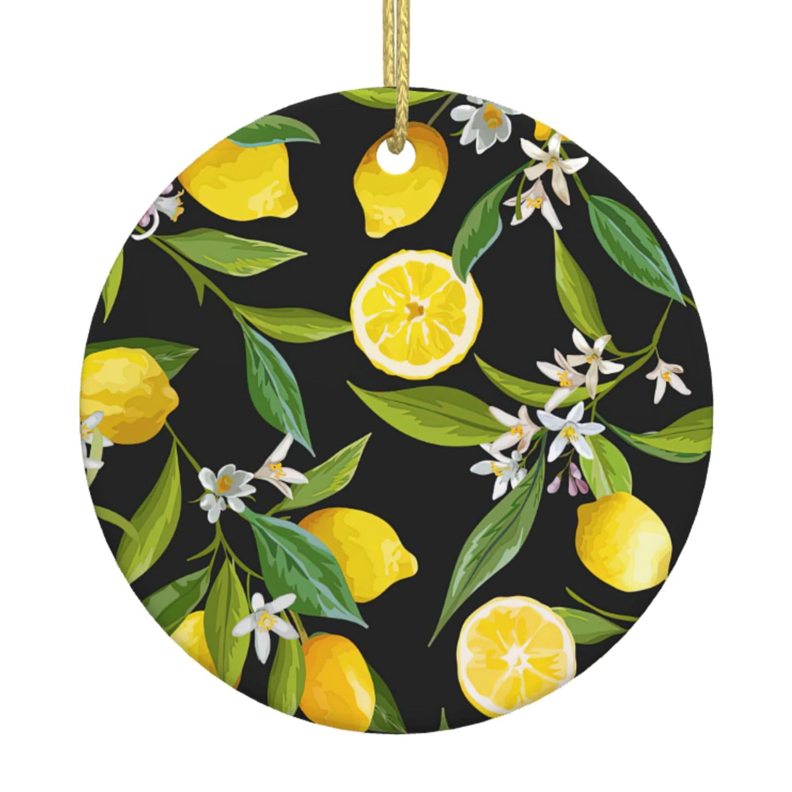 Yellow Lemon Print Christmas Ornaments, Ceramic Hanging Ornament, Round Shape Decorations