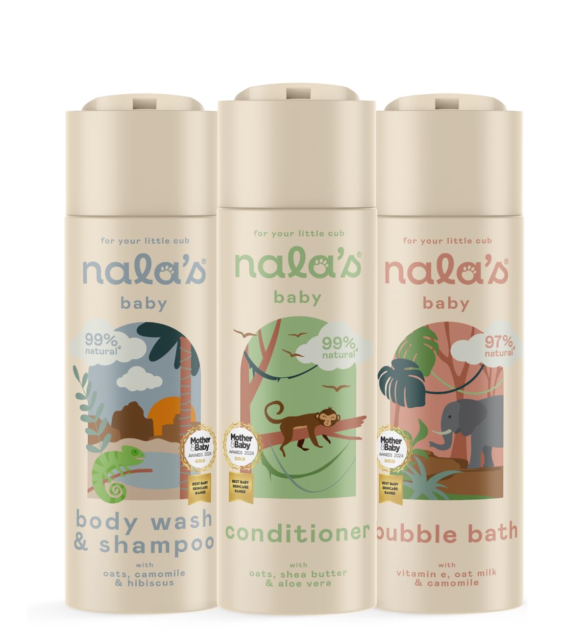 Nala's Baby Wash Bundle | Contains Body Wash & Shampoo, Bubble Bath, Conditioner | Award-winning | Dermatologically-tested & Paediatrician-approved | Tear-Free | Oats, Camomile, Hibiscus | Nalas Baby