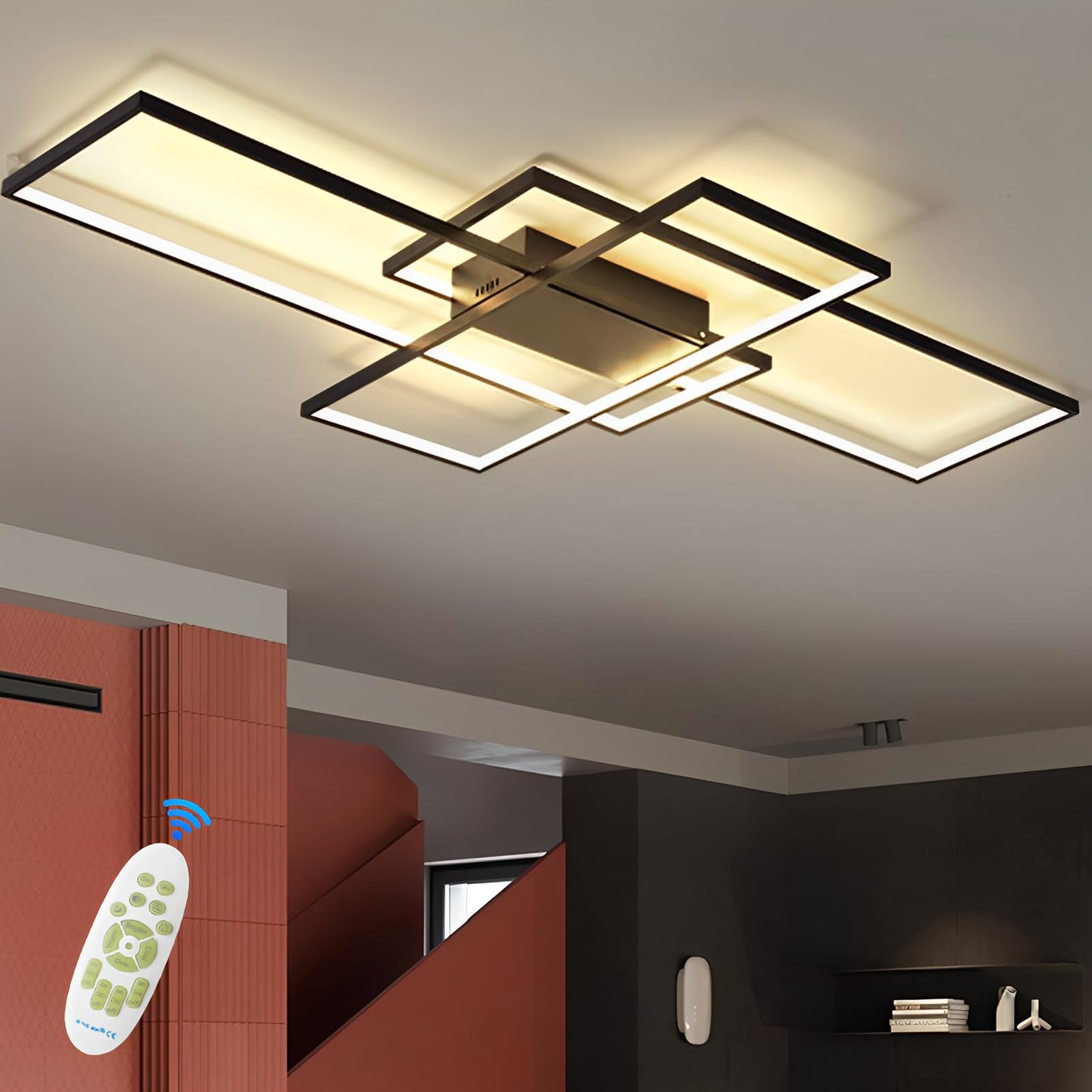Modern Design LED Deckenleuchte Dimmbar 65W Rechteckige Deckenleuchte, 3000K-6000K Wohnzimmer Deckenlampe Schwarz Mit Fernbedienung, Für Schlafzimmer Wohnzimmer Küche Schmücken(80cm)
