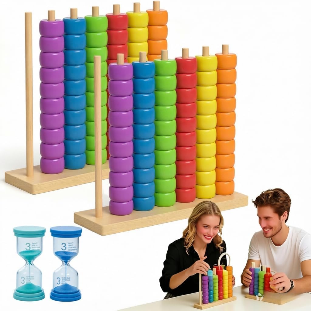 Gioco di puzzle impilabile con timer di sabbia da 3 minuti, puzzle in legno con carte sfida per 2 giocatori, rompicapo coordinato con motivo frenetico per serate di gioco in famiglia (confezione da 2)