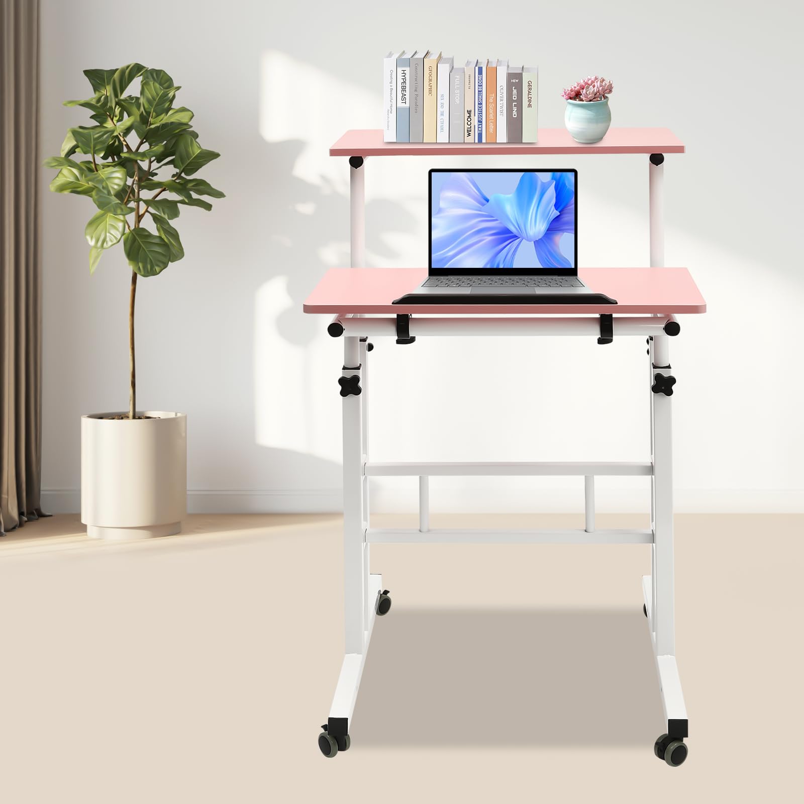 Height Adjustable Table Small Adjustable Standing Desk with Wheels Home Office Workstation Portable Rolling Desk Laptop Cart for — view 7
