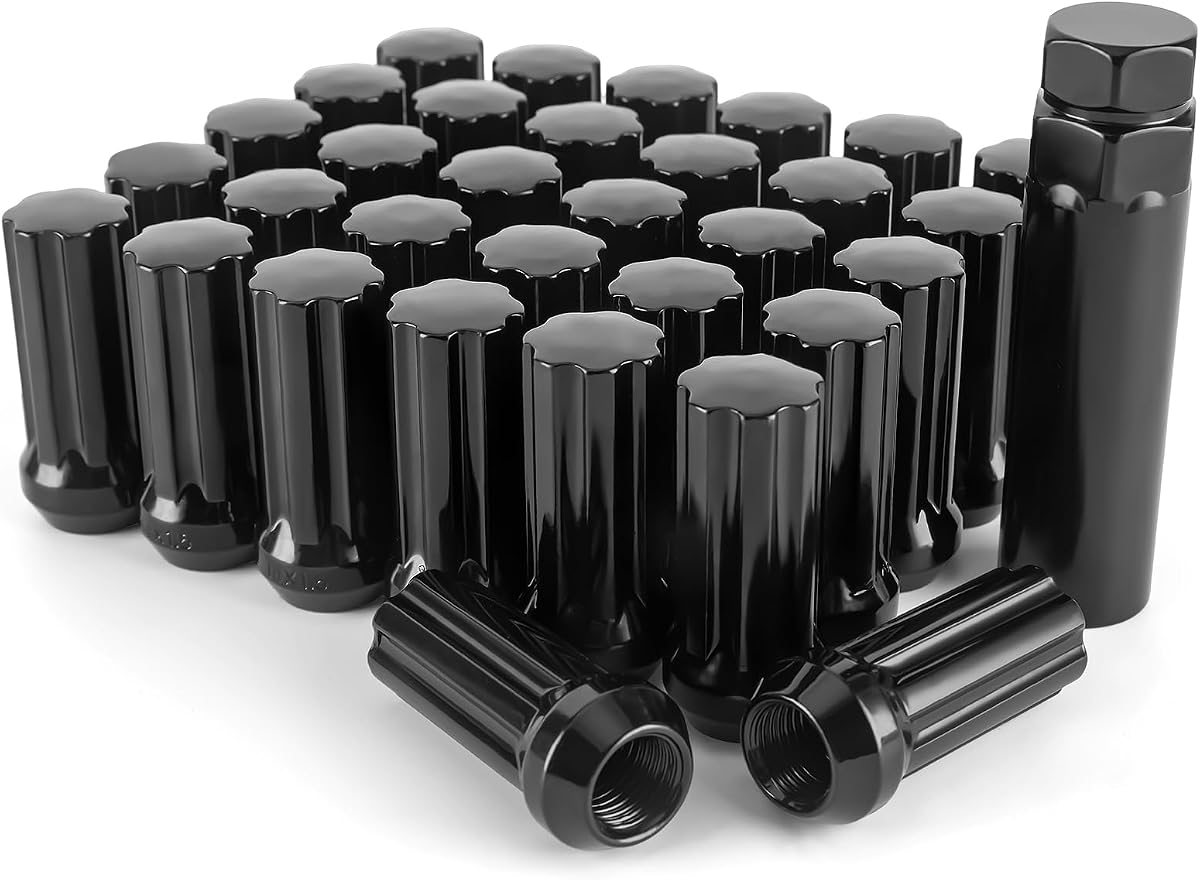 32 PCS M14x1.5 Wheel Lug Nuts, Black 14mmx1.5 Spline Lug Nut Compatible with Chevy Silverado 1500 2500, Ram, Ford, GMC with 1 Socket Key Fits 8 Lug Aftermarket Wheels