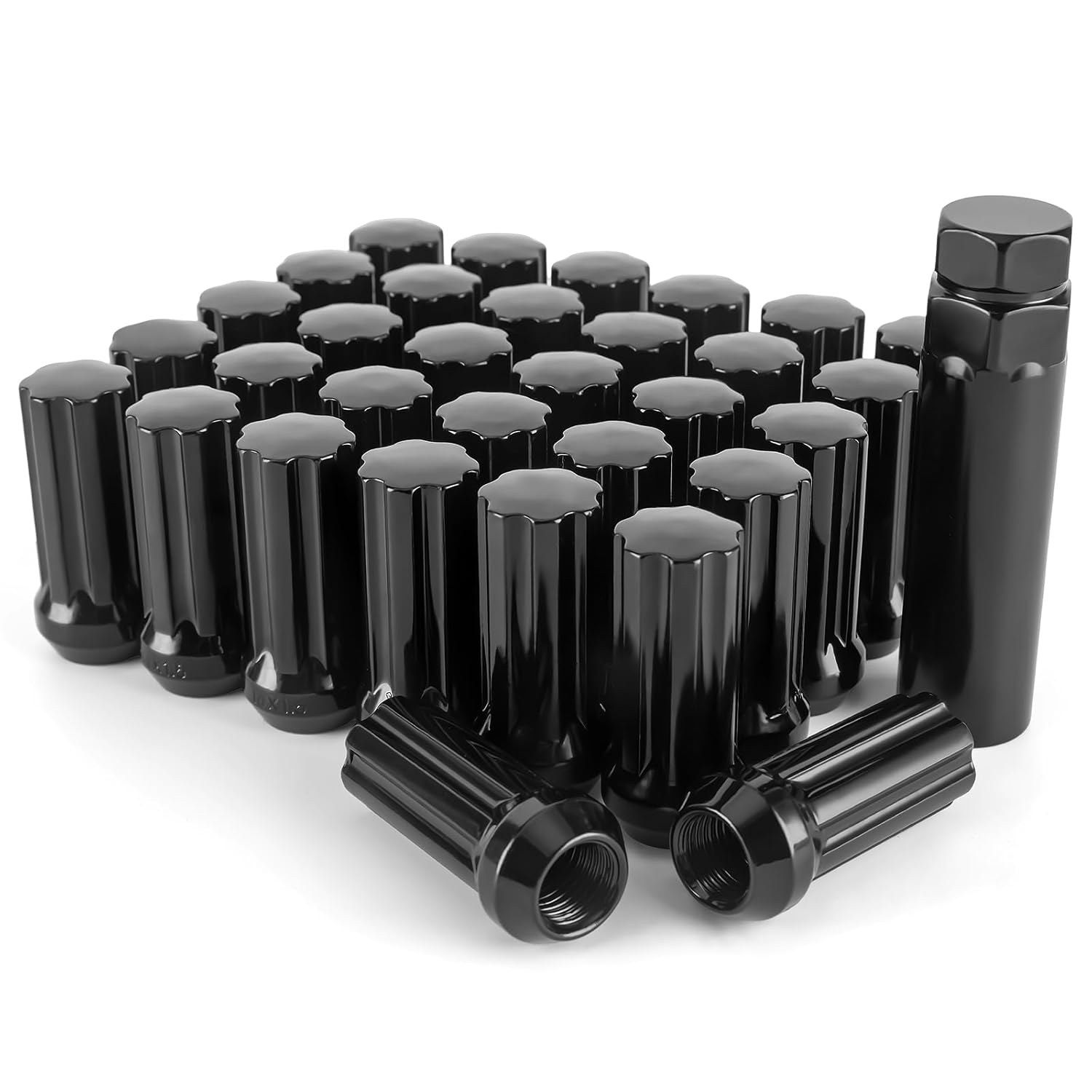 32 PCS M14x1.5 Wheel Lug Nuts, Black 14mmx1.5 Spline Lug Nut Compatible with Chevy Silverado 1500 2500, Ram, Ford, GMC with 1 Socket Key Fits 8 Lug Aftermarket Wheels