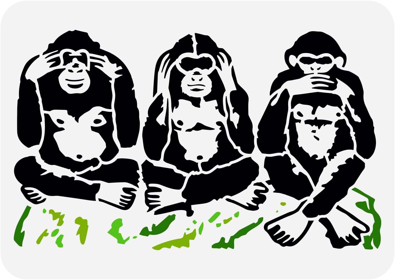 FINGERINSPIRE Three Wise Monkeys Stencil 11.7x8.3inch Reusable Thinking Monkey Painting Pattern Animal Themes Drawing Template for Wood Wall Furniture DIY Home Decor
