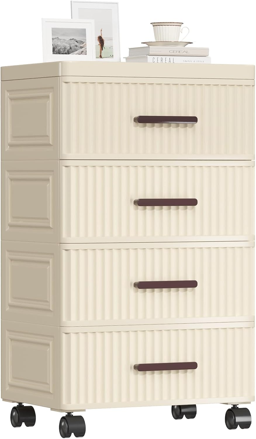 4 Tier Plastic Drawer Storage, Fluted Storage Drawers, Plastic Small Dressers for Bedroom, Chest of Drawers, Night Stand, Storage Organizer with Wheels, 14" Wide, 4 Drawers Small - (14"W X 9"D) 4 Drawers