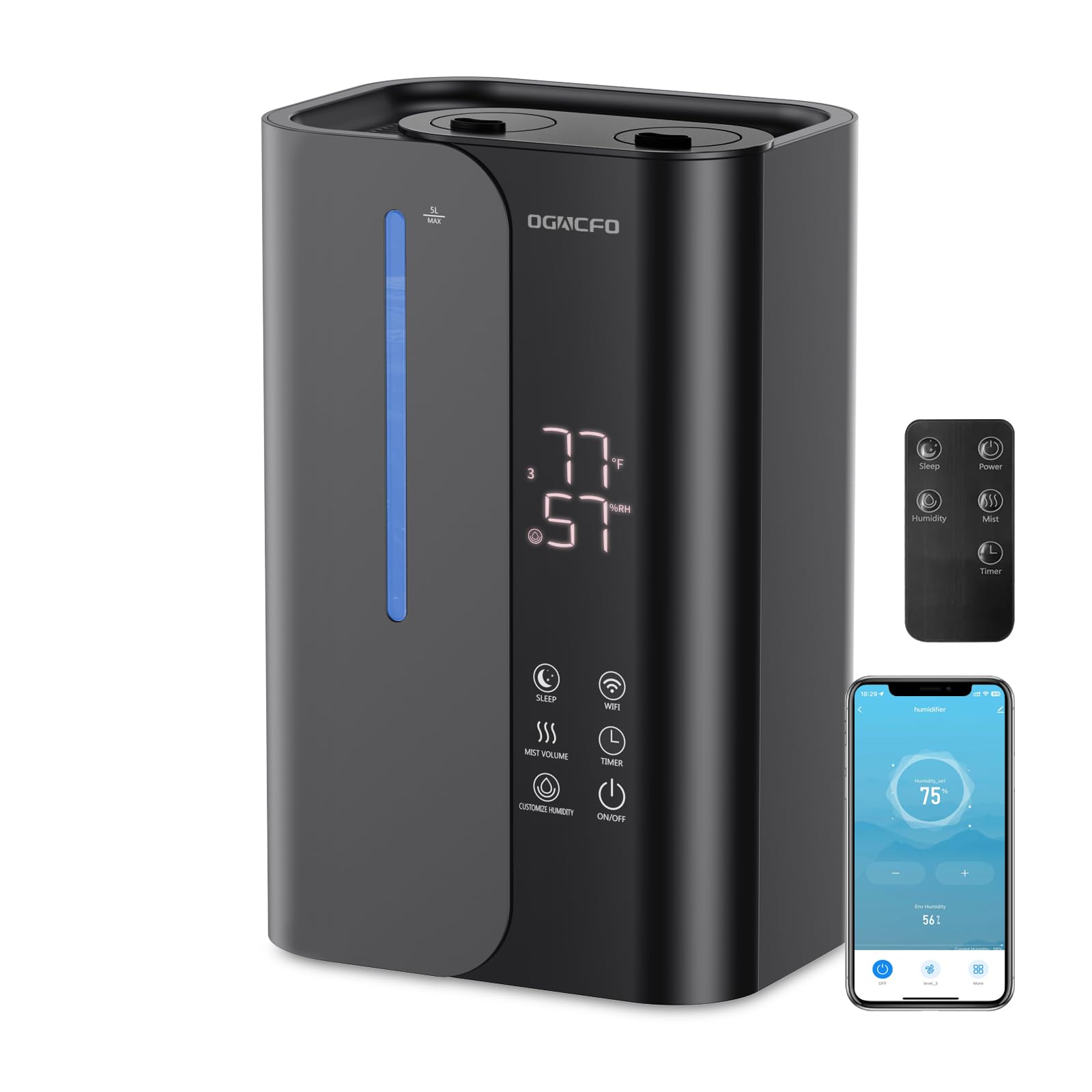 OGACFO 5L Ultrasonic Cool Mist Humidifier for Bedroom & Plants