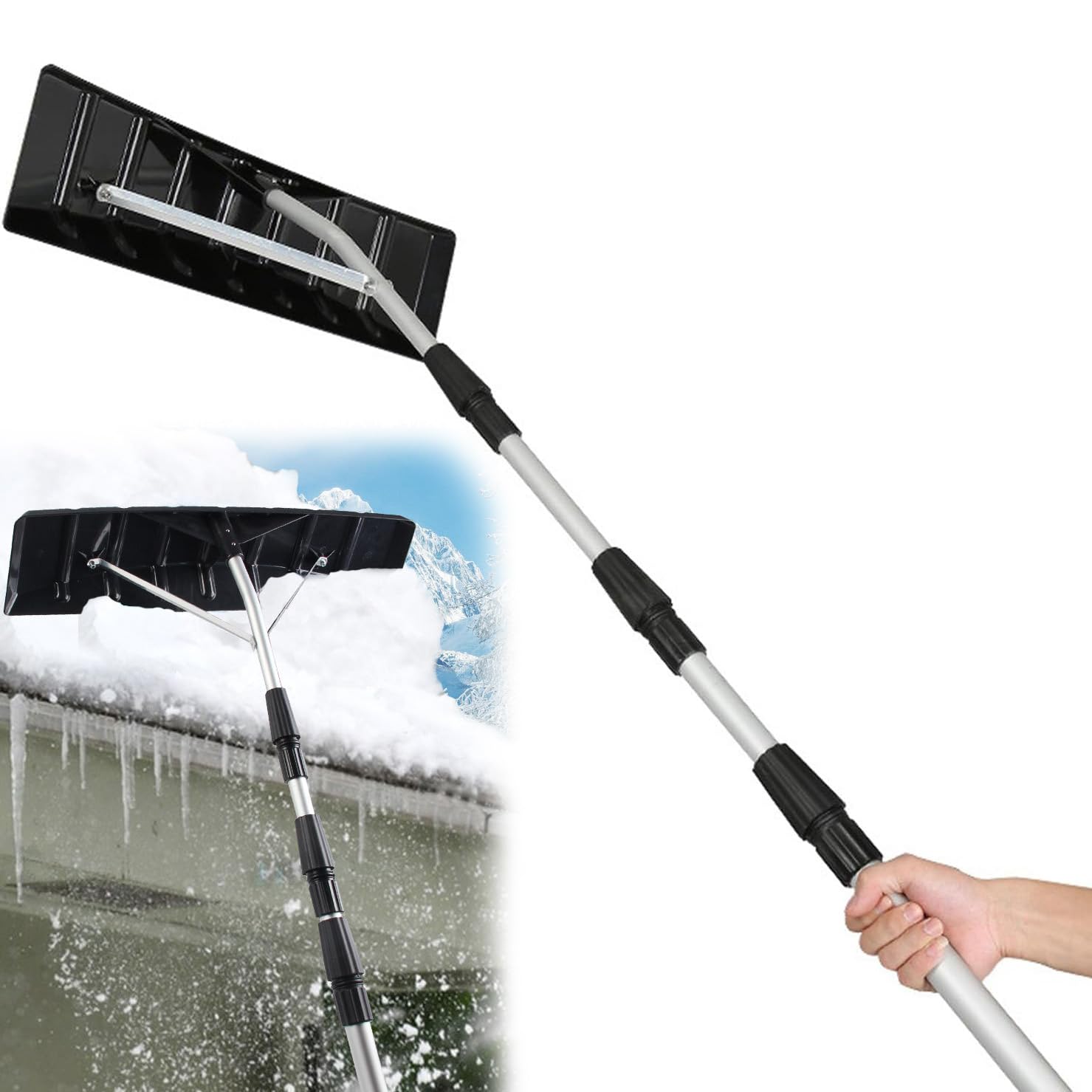 Rastrillo de nieve de aluminio ligero ajustable de 6 a 20 pies, herramienta telescópica de eliminación de nieve para techo, portátil para paneles solares y personas mayores