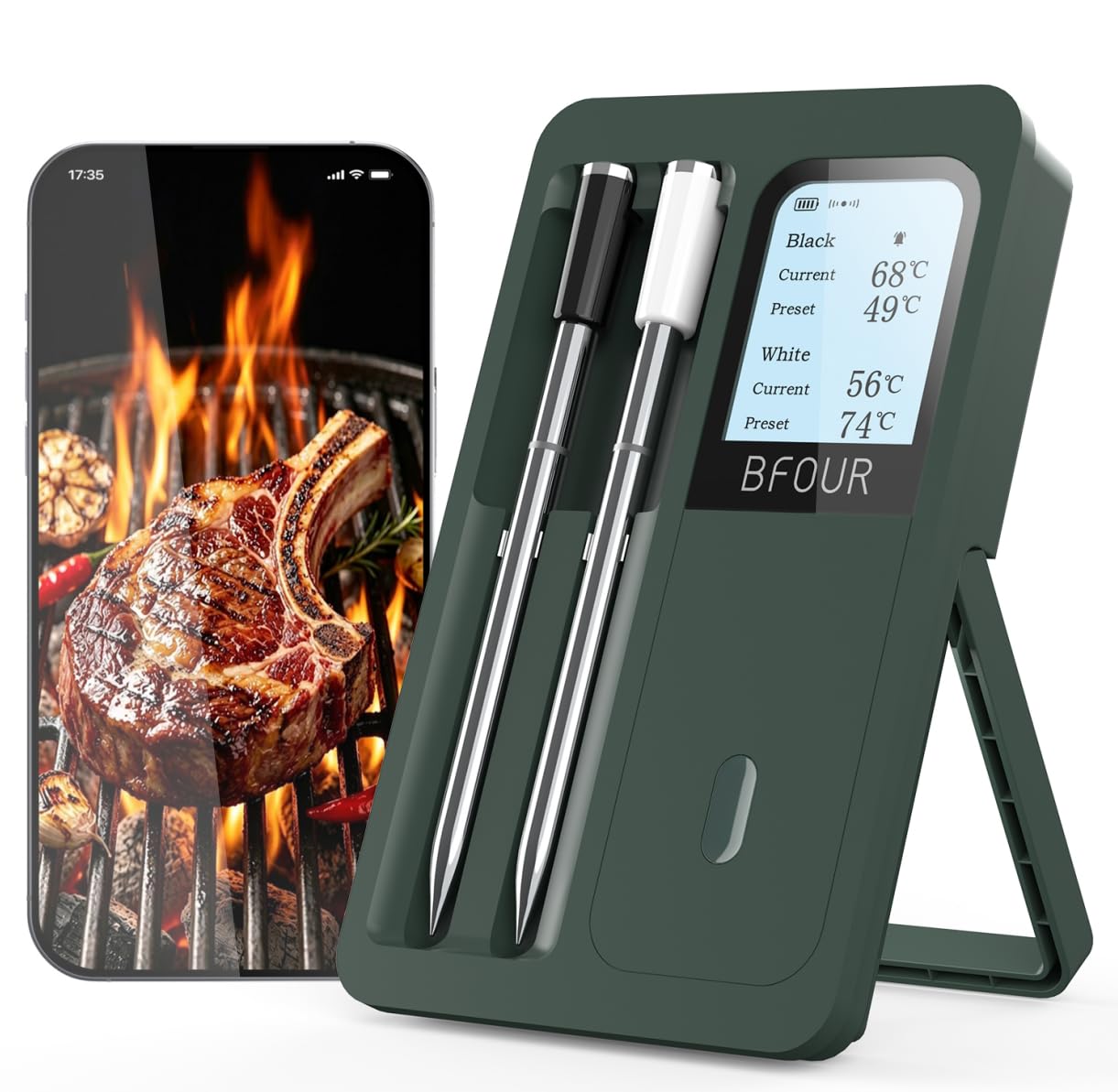 Termómetro inalámbrico para carne con 2 sondas, control por aplicación, estación de carga LCD