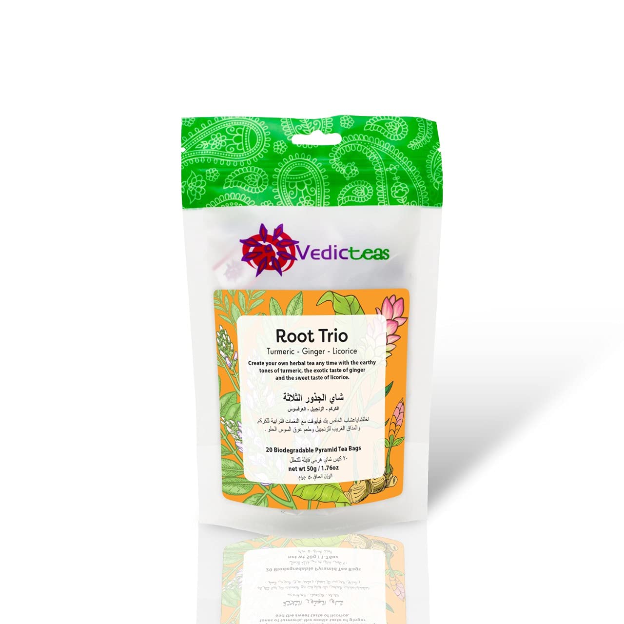 Vedic Teas Trio Turmeric-Ginger-Licorice Root Tea - 20 Pyramid Tea Bags