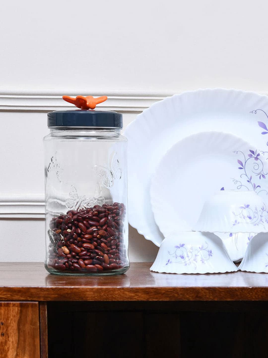 @home by Nilkamal Butterfly 1700ml Glass Jar|with Lid|Air tight & Transparent|Food grade and BPA free|Ideal for storing dry food, pasta, rice, coffee beans, sugar, flour|12 cm x 16.7 cm|Black & Orange