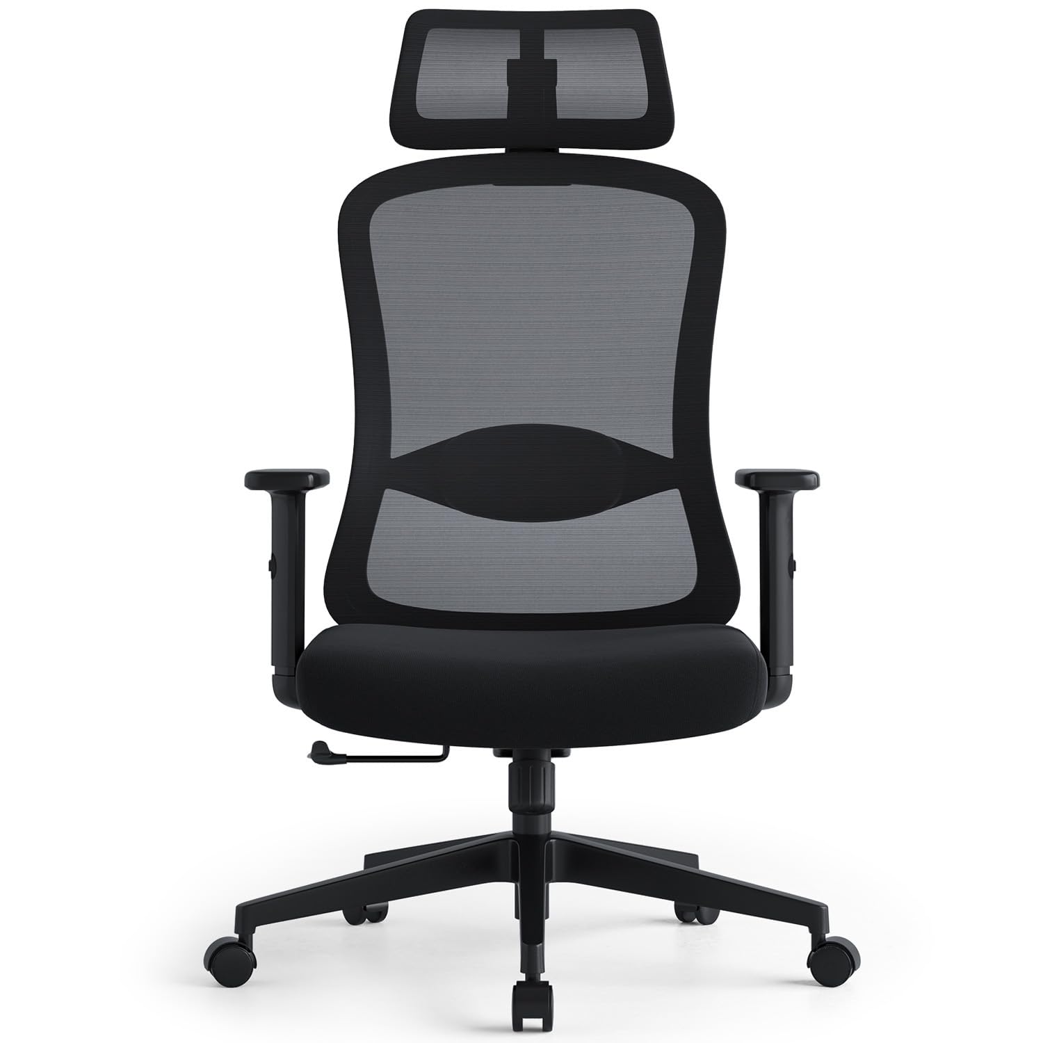 Bürostuhl Ergonomisch, Schreibtischstuhl mit Wippfunktion bis 125°, Verstellbarer Kopfstütze & Armlehnen, Drehstuhl mit Lendenwirbelstütze, Chefsessel aus Mesh, Bürostühle 150 kg, Schwarz