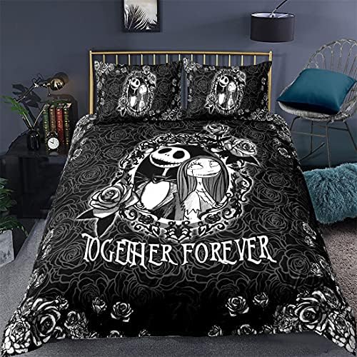 Anwind Bedding Set Skull Nightmare Before Christmas Halloween Valentine's Day Decor Gifts Present Jack Skellington Sally Bed Comforter Duvet Cover with Pillow Case (Multi Skull 20,Single)