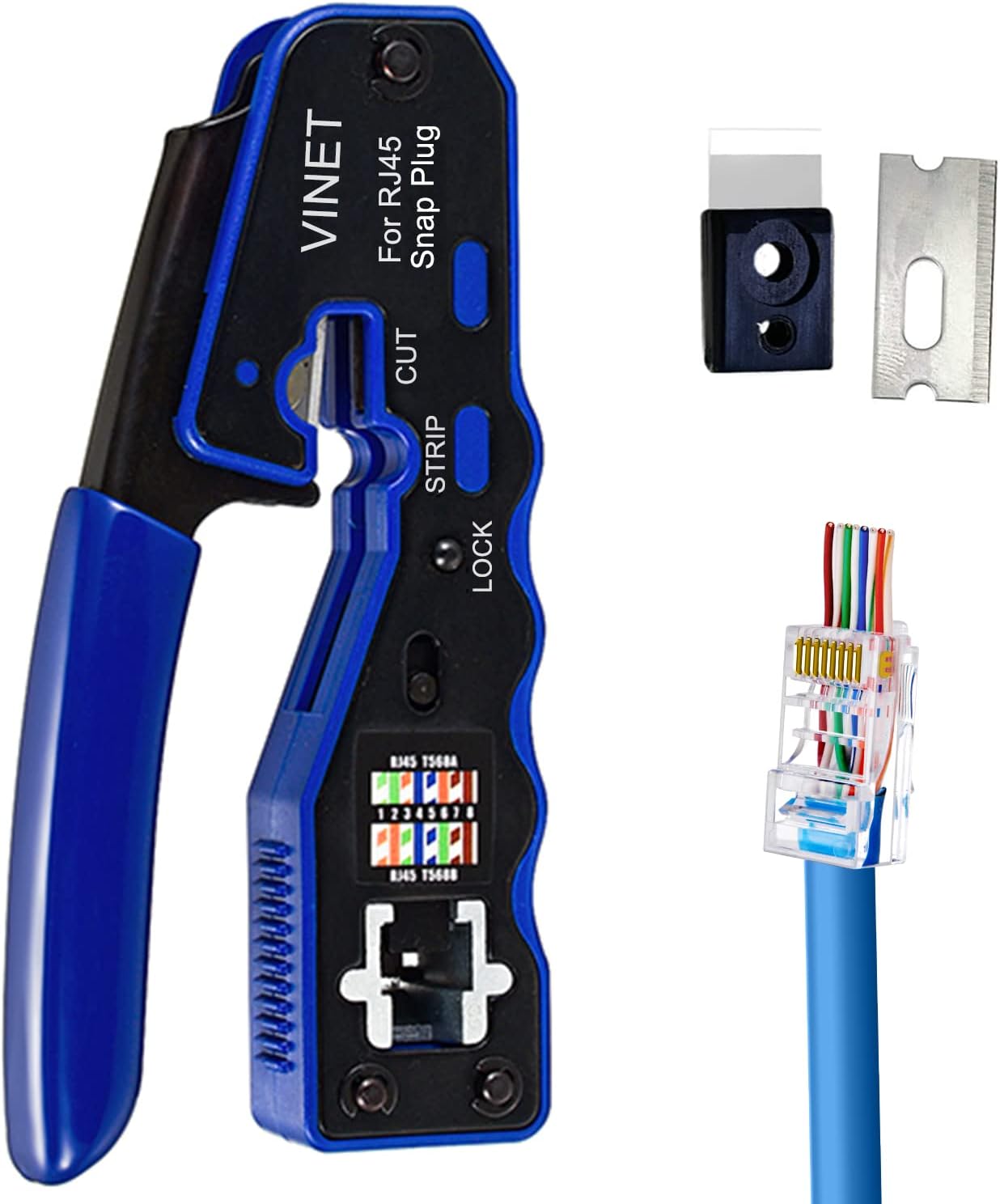 VINET RJ45 Crimp Tool Ethernet Crimping Tool All-in-one Crimper Wire Stripper Cutter For Pass Through Cat6 Cat5e Connectors With Replacement Blades
