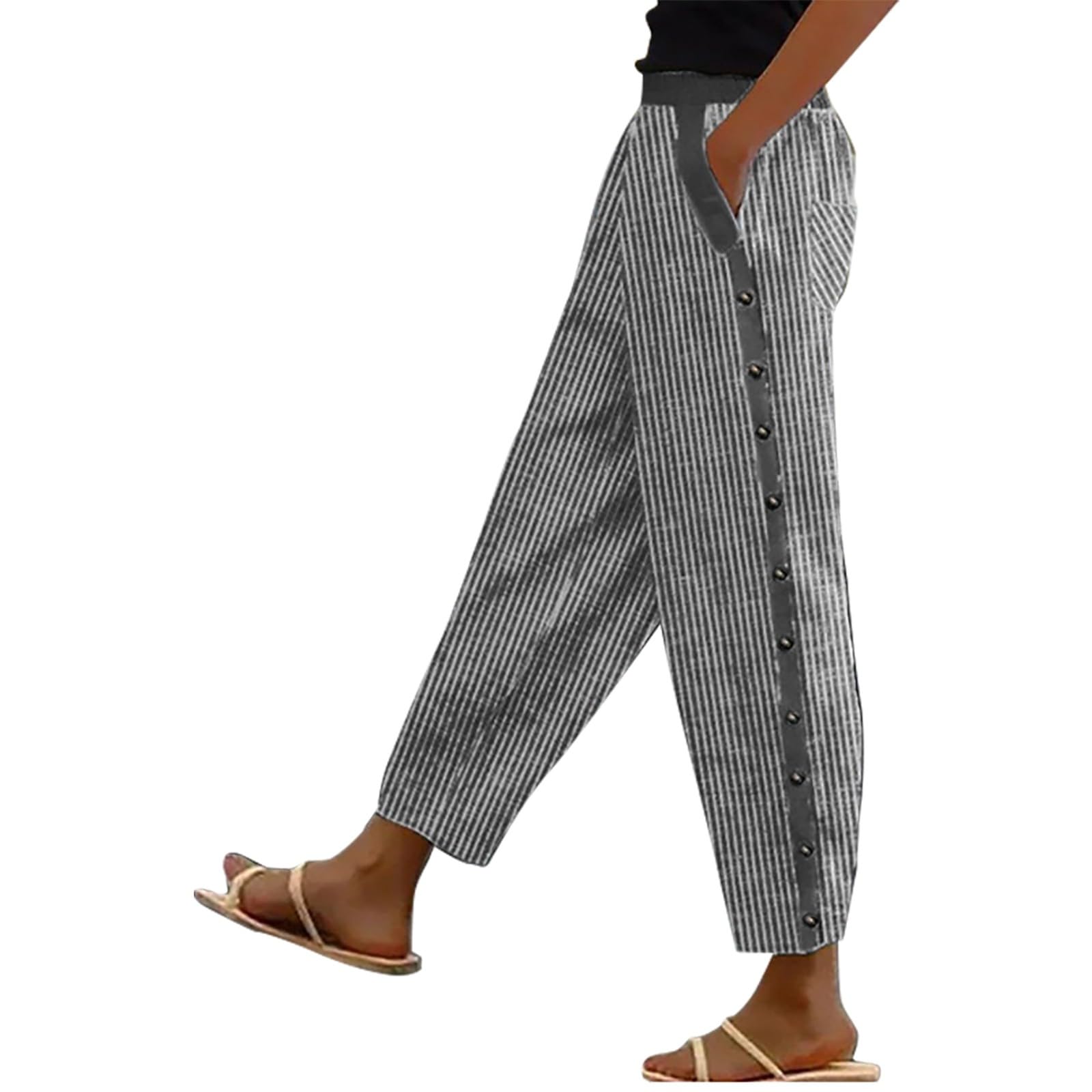 Cropped Pants for Women Cotton Linen Capri Summer Straight Casual Drawstring Elastic Trousers Beach Vacation Outfits