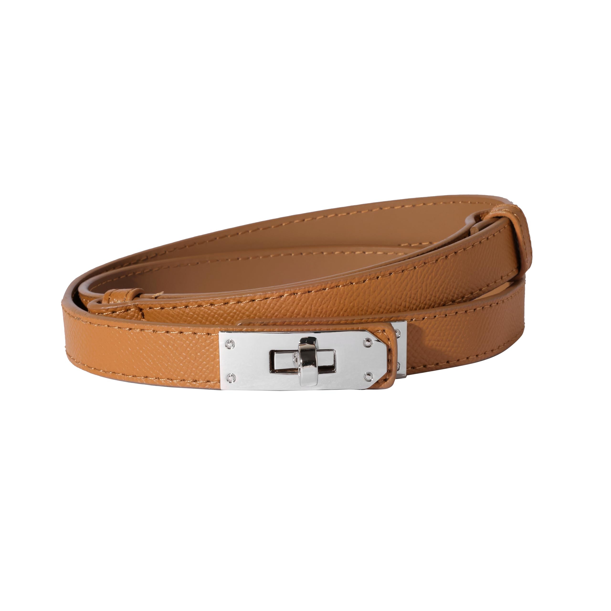 Ovekaut Women Skinny Leather Belt Solid Color Alloy Turn Lock Adjustable Waistband for Dresses Jeans Coats, Caramel / Silver, Adjustable