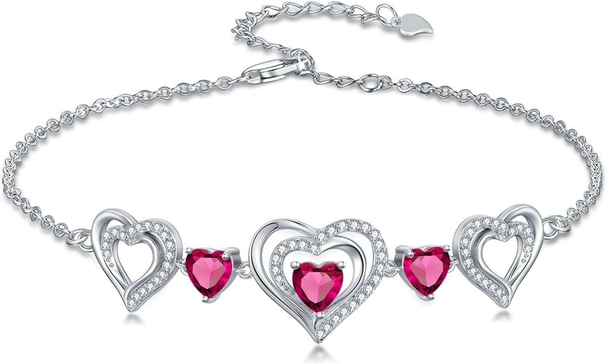 Birthstone Charm Link Bracelet 925 Sterling Silver Rose/Heart/Mom Bracelet with 12 Months Birthstone Mother's Day Gift Jewelry Gifts for Women,Chain Length 7"+2" Extend