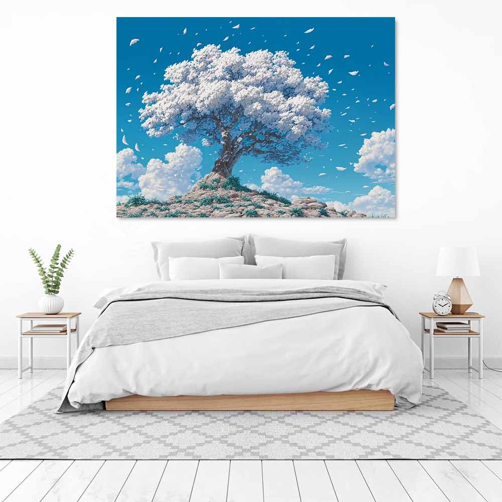 CUDAOO Drzewo życia sztuka ścienna białe bawełniane drzewo do salonu dekoracja sypialni biura dekoracja domu (niebiesko-białe) - 40 x 60 cm oprawione