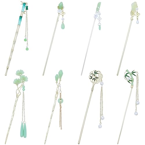 Miniatura 13 de inSowni 8 palillos de pelo retro vintage asiáticos chinos tradicionales Hanfu de metal plateado con colgantes de perlas de bambú loto de pelo largo