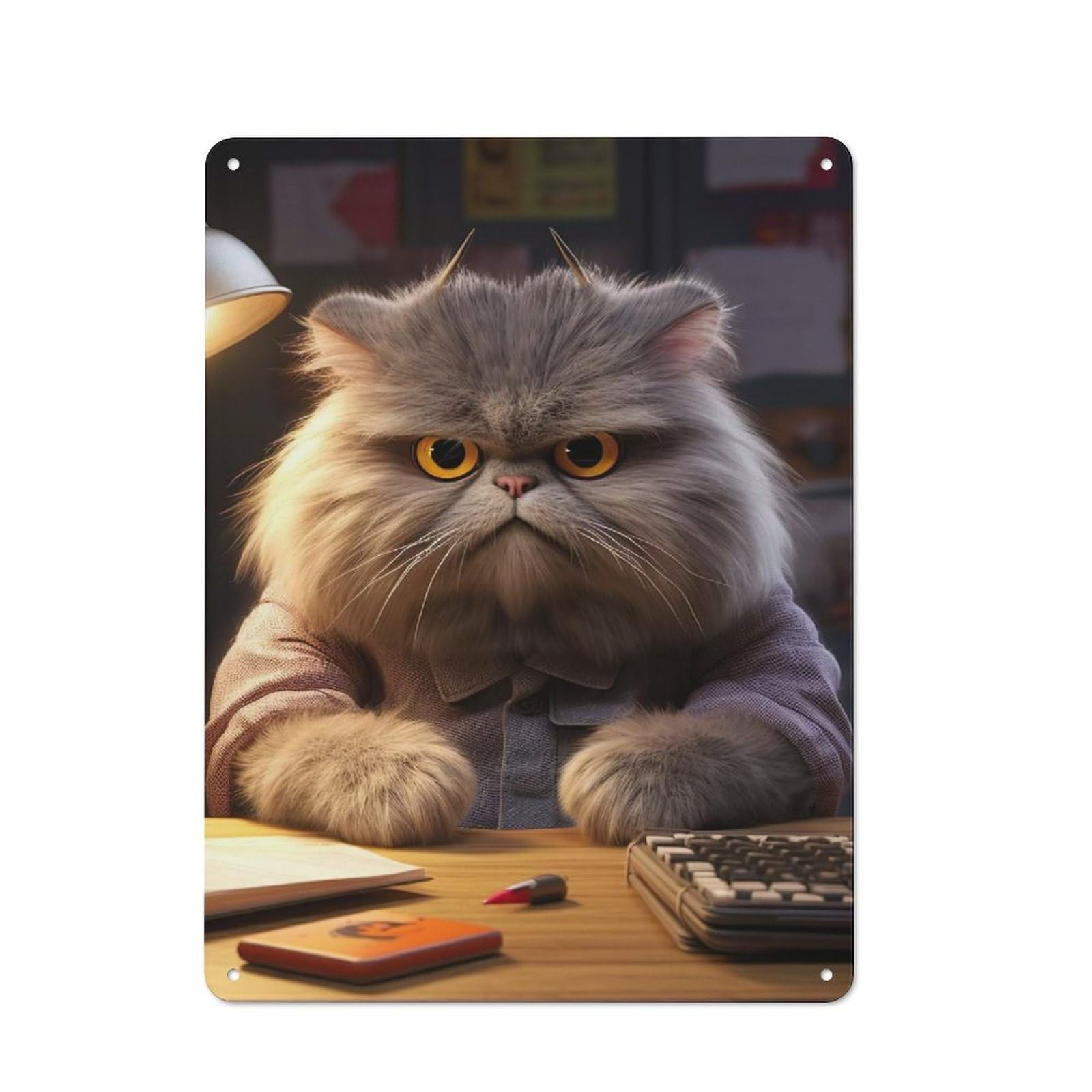 Country Style Angry Fluffy Cat Studying Decorative Metal Sign 40x30cm, Bistro Wall Plaque for Restaurant, Kitchen, Counter Or Breakfast Nook
