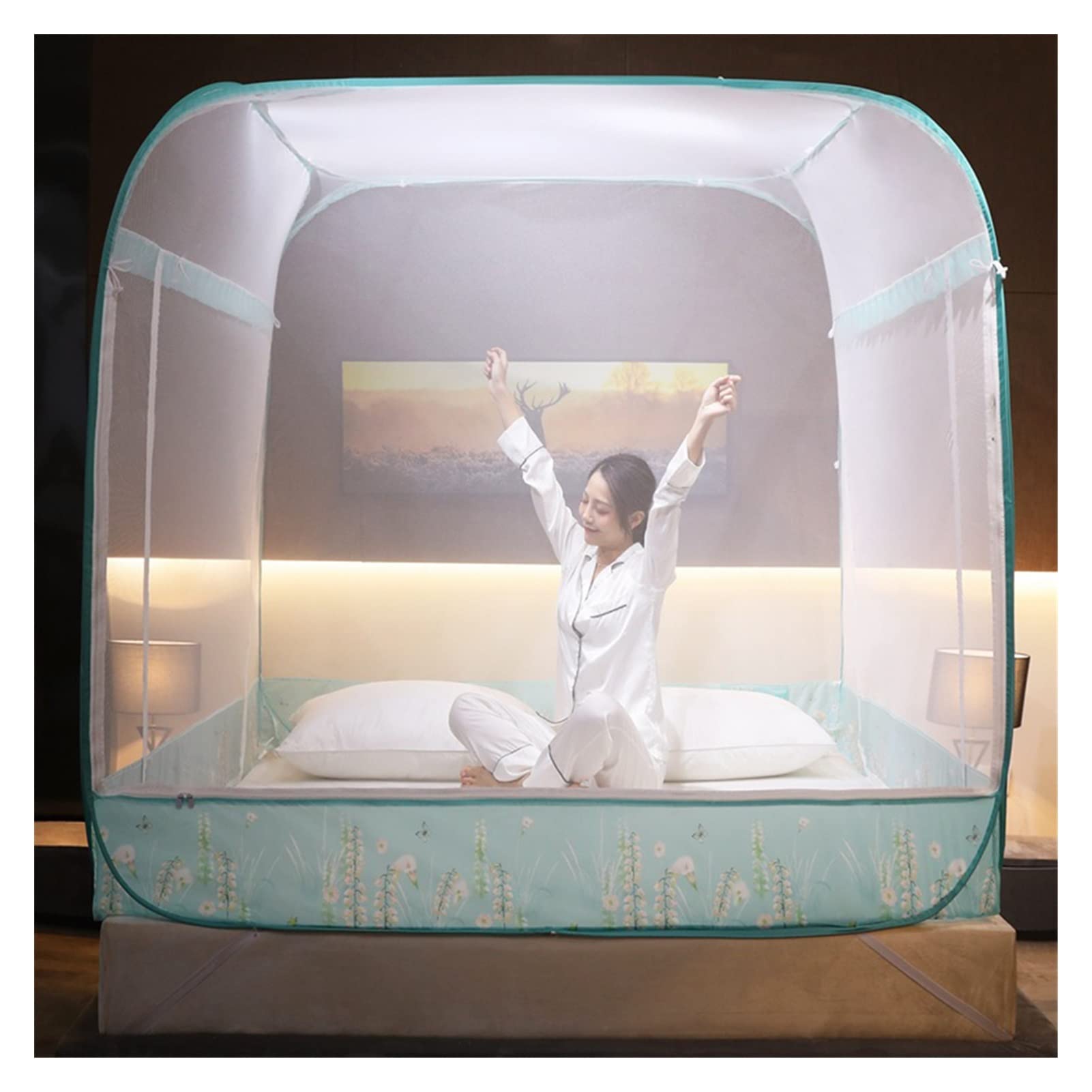 Mosquito Net Bed Canopy Automatic Square Top Zipper Encryption Folding Wire