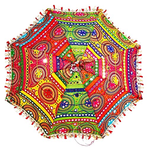 Hulex Yellow Line Indian Handmade 7 Pcs Lot Cotton Fabric Mirror Work Vintage Parasols Wedding Umbrella Outdoor Decorations Handmade Embroidery Ethnic Umbrella Parasol Useful For Party Decoration, Home Decor, Pre Wedding-(7 Pcs) #TOP3