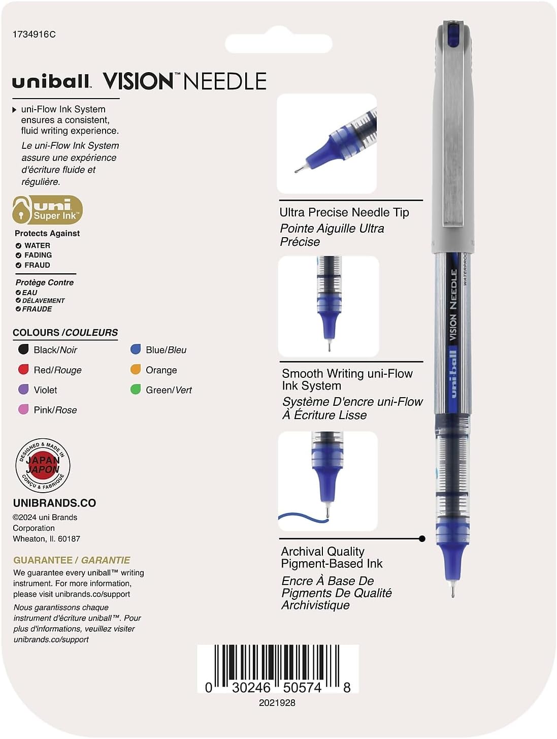 uni-ball 1734916 Vision Needle Roller Ball Stick Liquid Pen Assorted Ink Fine 8/Set
