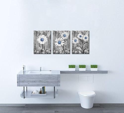 Miniatura 7 de Zlove Decoración de baño de margaritas rústicas para pared, diseño de margaritas grises y azules, cuadros de flores para dormitorio, cocina, sala de