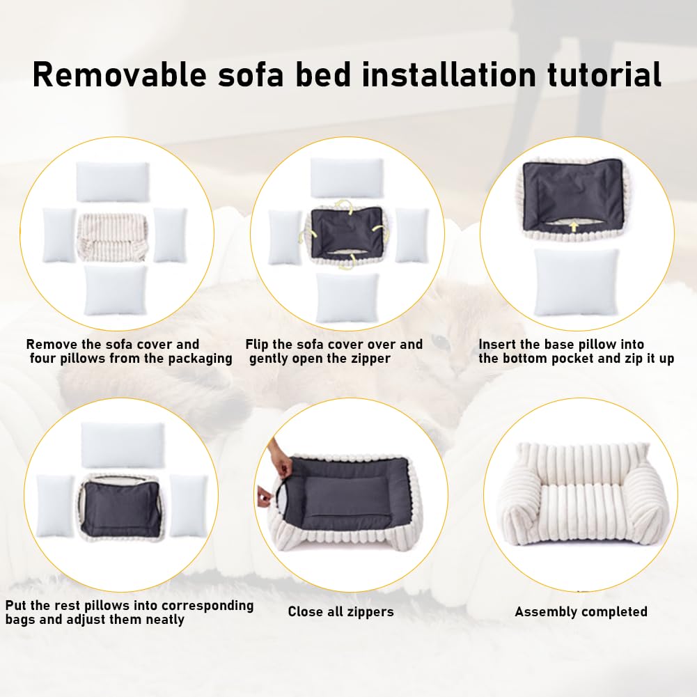 Katzensofa Bett, Katzenbett 60x45x20cm, Katzenbetten für Hauskatzen Weich und Flauschig, Kleines Hundesofabett Katzensofabett, Waschbarem Bezug Anti-Rutsch Hundebett Sofa für Hunde (Weiß)