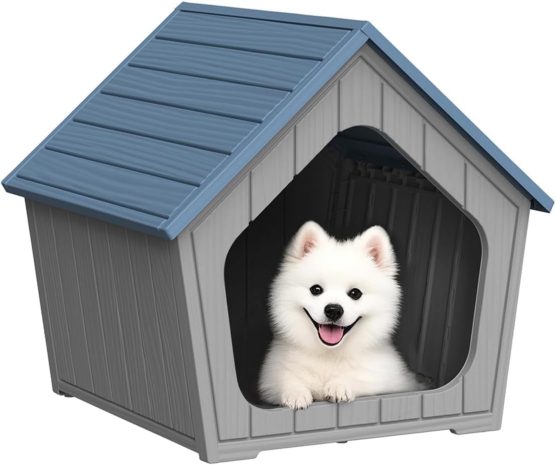 Dog House Indoor Outdoor, Resin Weatherproof Dog House for Dogs and Cats, Durable Outside Doghouse with Air Vents, Easy Clean and Assemble (Gray, 23.43 * 22.64 * 22.8 INCH)