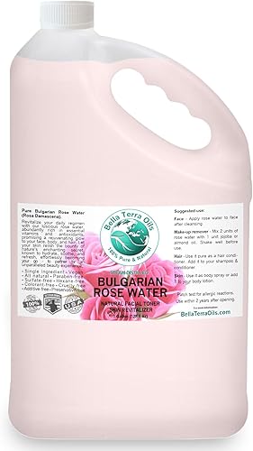 Bella Terra Oils Hidrosol de agua de rosas de alta calidad, 1 galón, puro, suave, refrescante, tónico natural para la piel, esencial de maquillaje