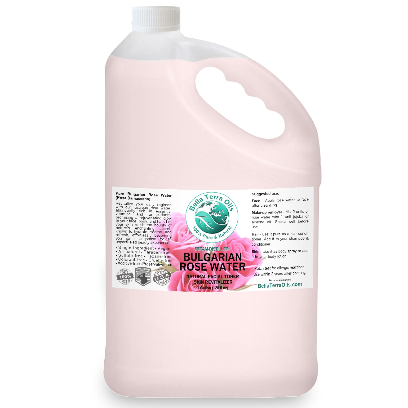 Bella Terra Oils Rose Water Hydrosol – 1 Gallon | Pure, Gentle Facial Toner & Mist | Natural Skin Tonic, Makeup Setting Spray | Organic,