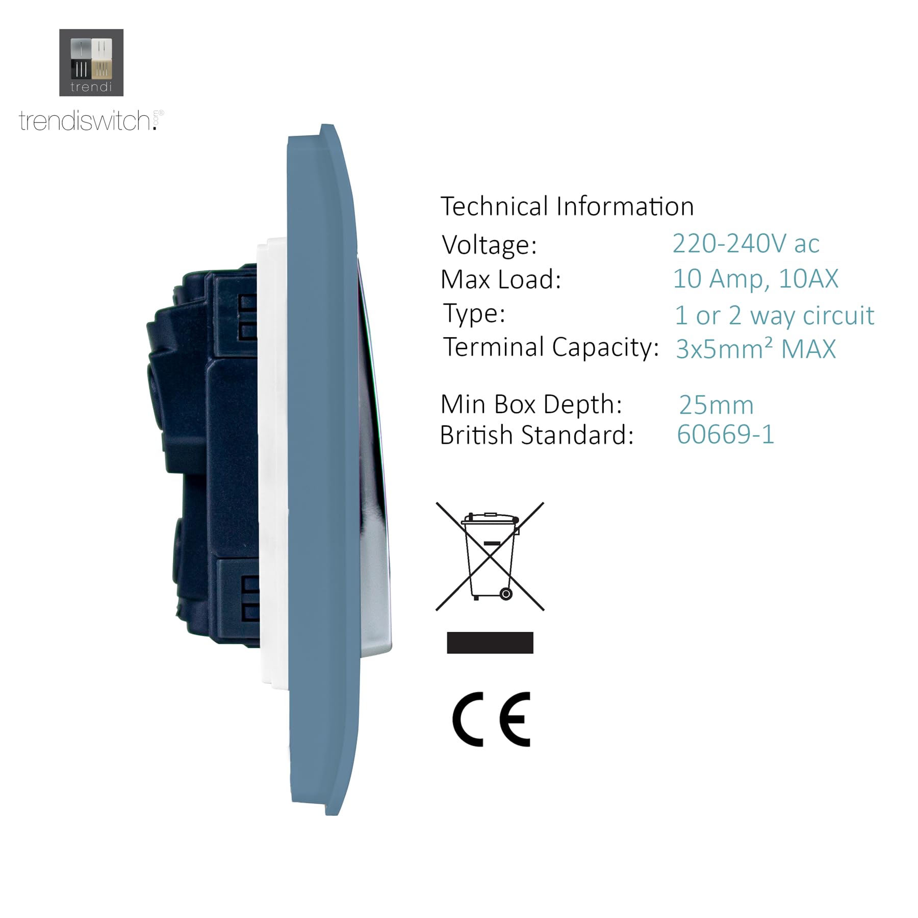 Trendi 2 Gang 2 Way Artistic Modern Glossy 10 Amp Rocker Tactile Light Switch Sky (Pack of 2) - Image 3