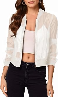 Women's Crop Mesh Sheer Bomber Jackets Lightweight Long Sleeve Zip Up Jacket Outwear