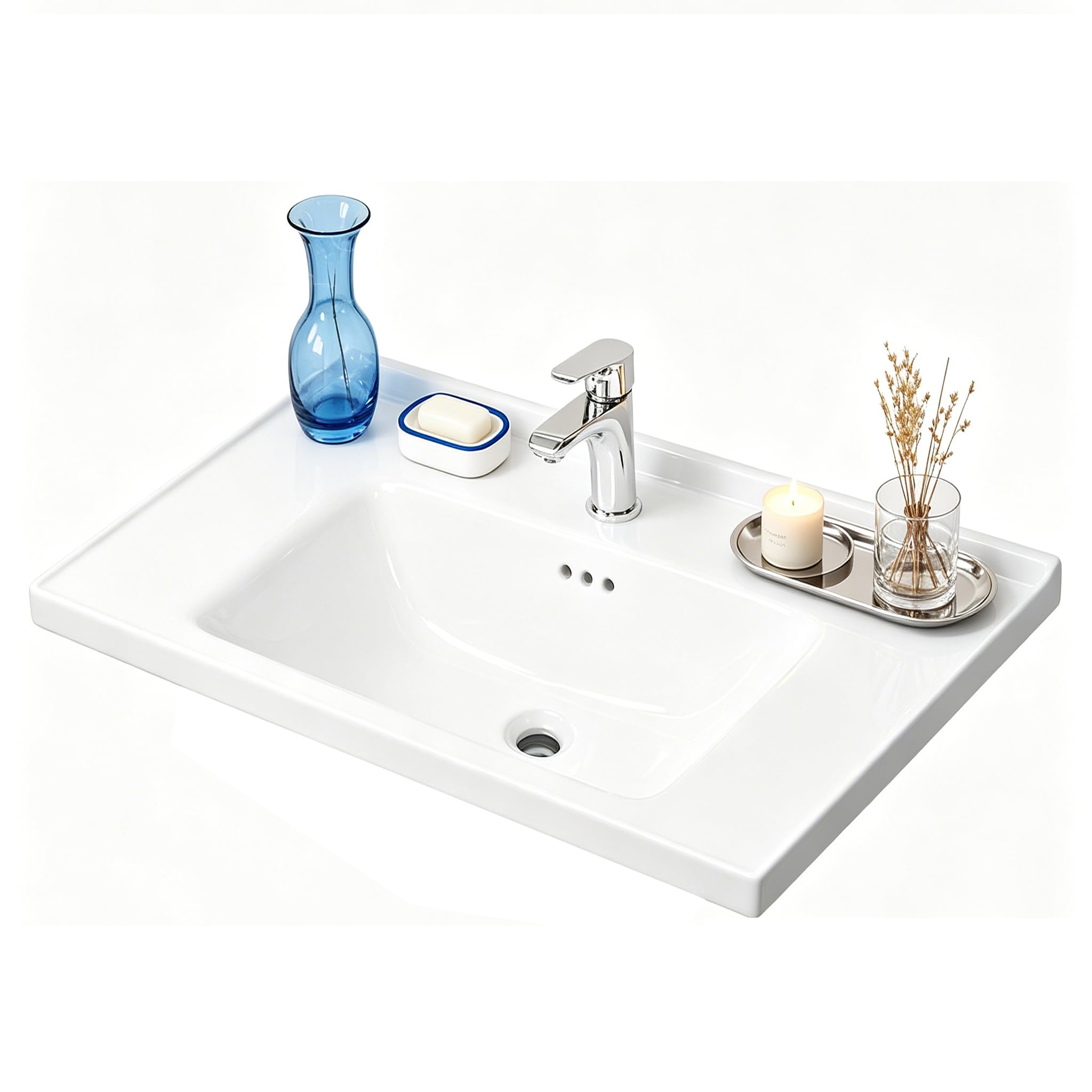 Lavabo empotrable de cerámica con orificio para grifo, 60 x 47 x 15 cm