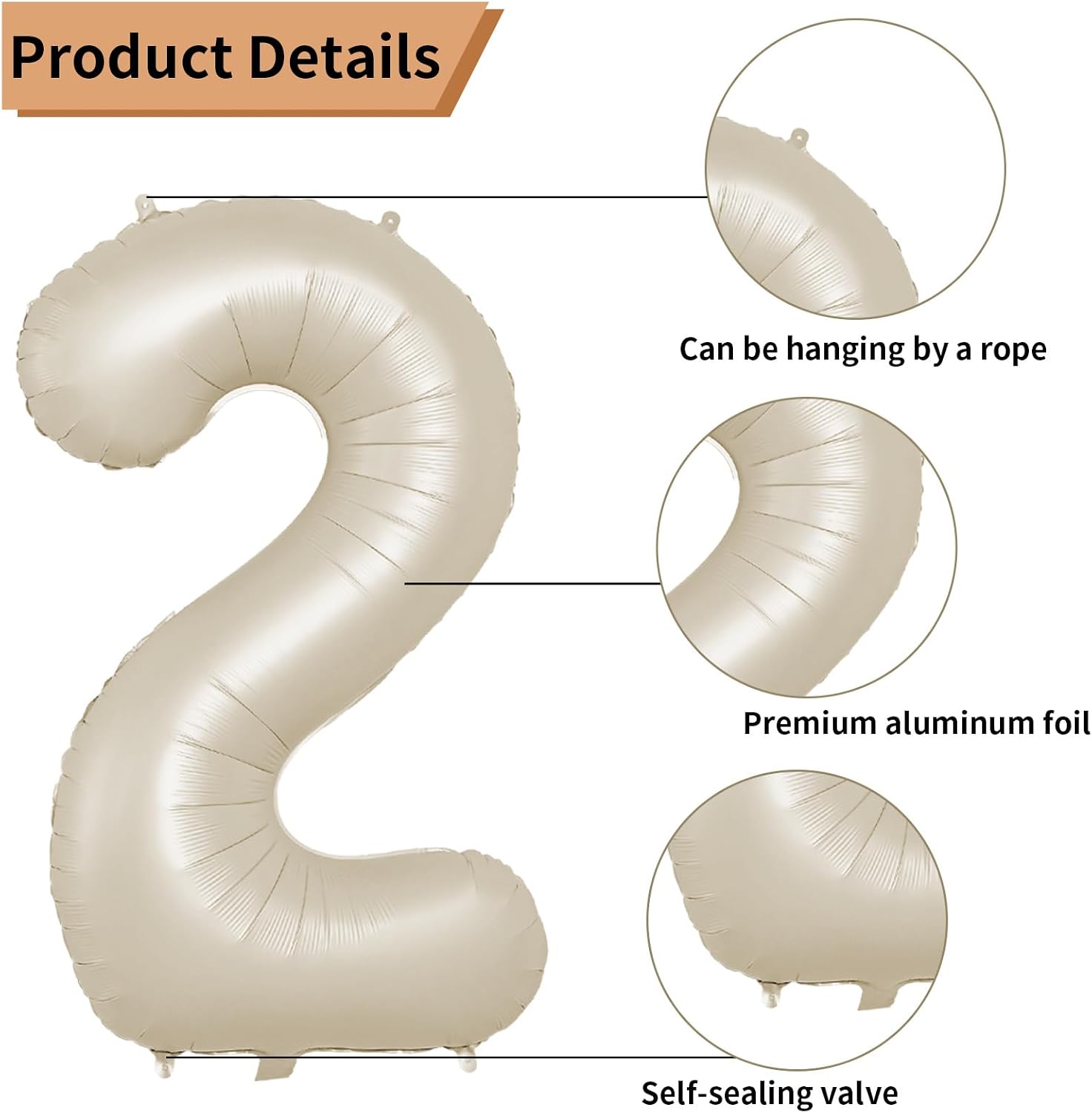Biapian 40 Inch Cream Number 2 Balloons, Large 2nd Birthday Balloons with 18'' Foil Heart Balloon for Boys Girls Baby Shower Party Decor image 3