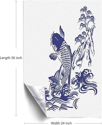 Miniatura 2 de Película decorativa para ventana de cascada, pez Koi que nadan, estilo japonés, arte de tatuaje, estilo tradicional, pintura de tinta, vidrio