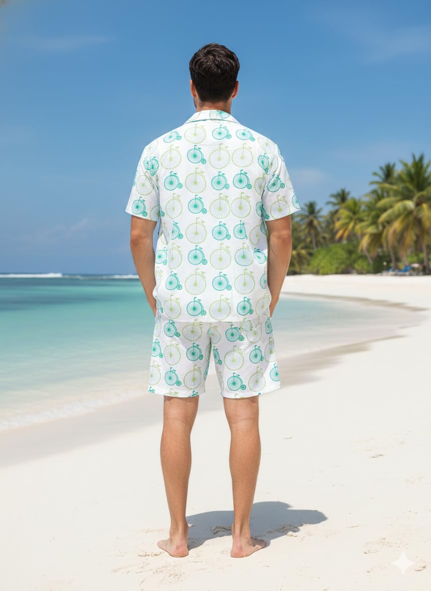 COOLLINEN Men’s Cotton Printed Co-Ord Set | Floral Print Short Sleeve Shirt with Drawstring Shorts | Casual Summer Wear, Beach & Vacation Outfit for Men (cycle, M.) 2