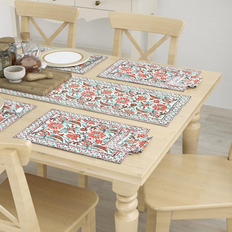 Image of BLOCKS OF INDIA Hand Block Printed Cotton Table Runner, Mat and Napkin Set for Center /Dining Table (Orange JAAL),13 pc Set