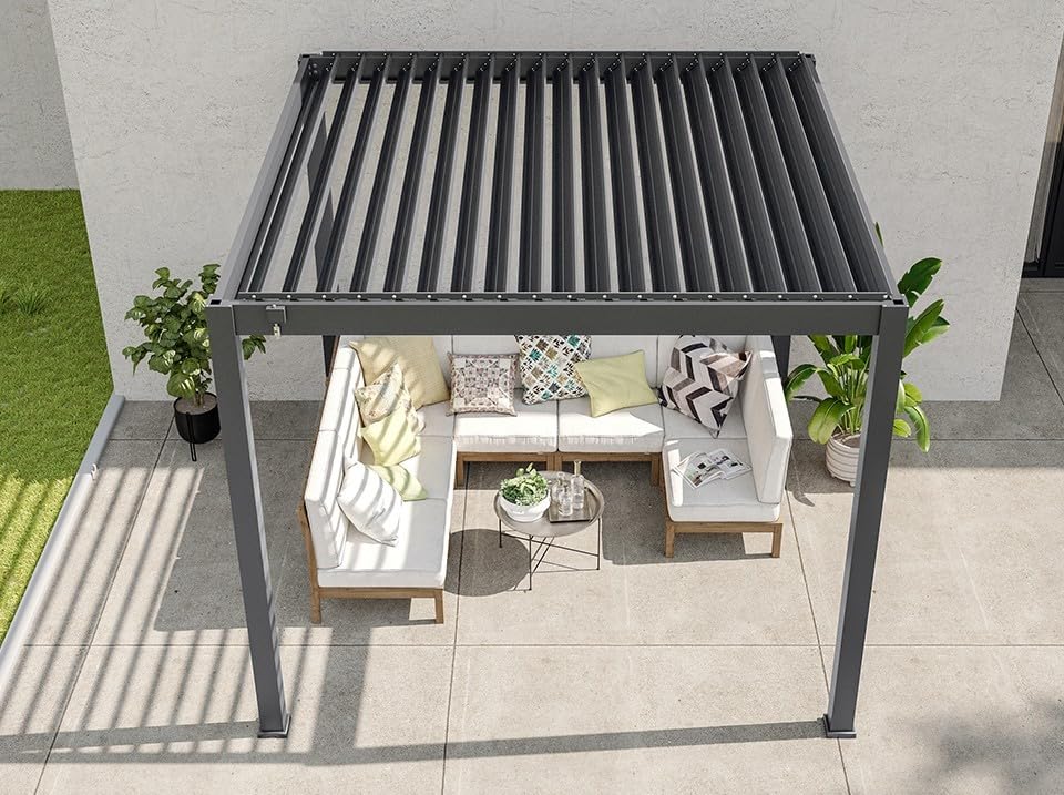 Direct ABRIS Pergola Bioclimatique Autoportée Aurora - 3x3 m - Gris Anthracite - Lames Orientables - Store Inclus