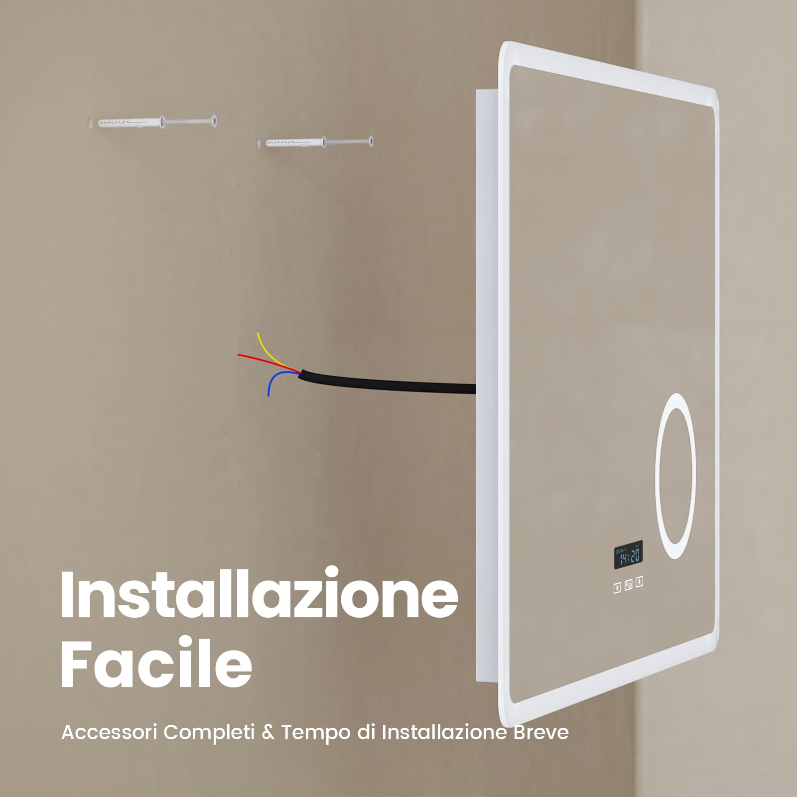 EMKE Specchio Bagno con Luce 80 x 60 cm, Bluetooth, Interruttore Tattile | Antiappannamento e Orologio e 3 Volte Lente D'ingrandimento, Luce Dimmerabile e Variabile