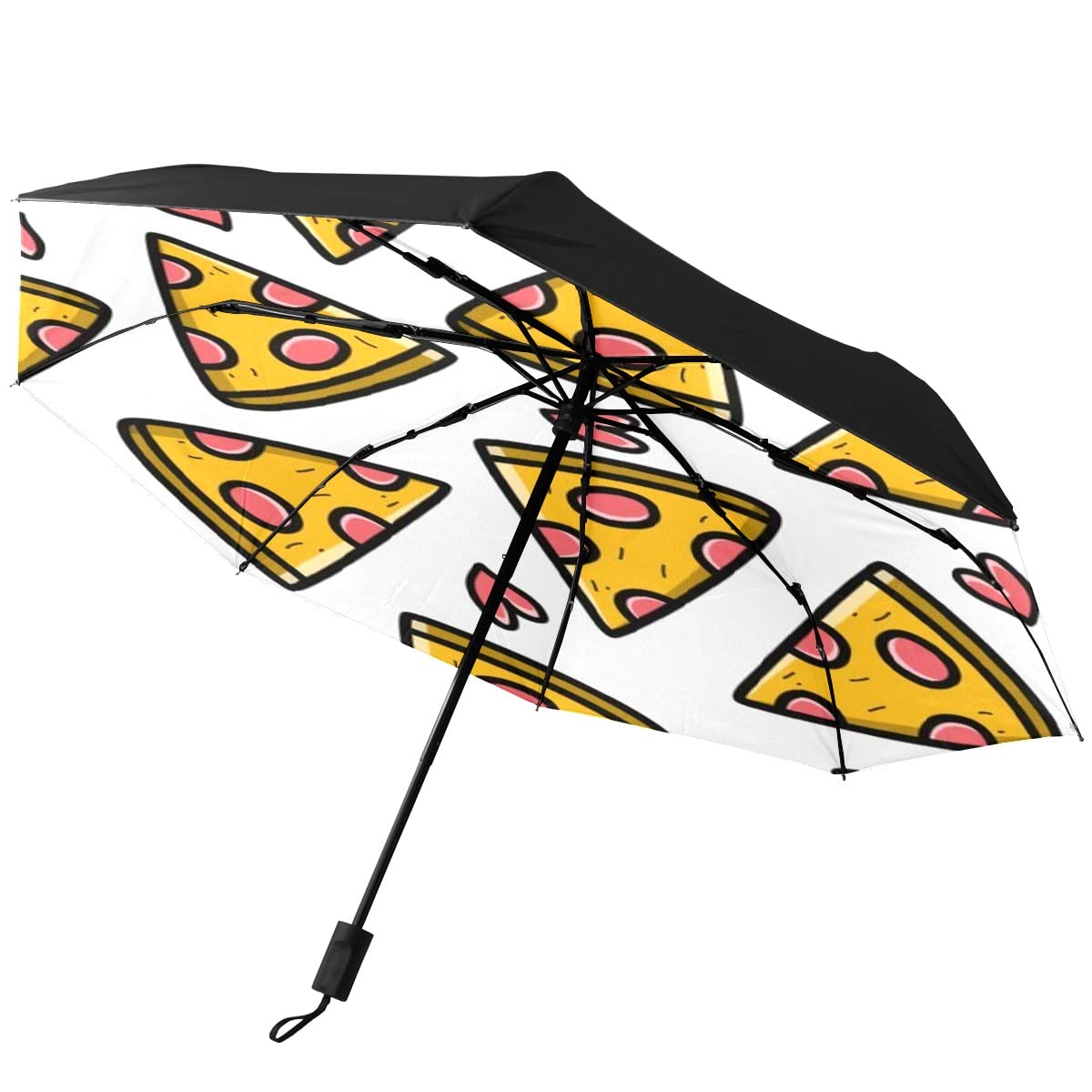 GISPOG Automatic Folding Umbrella, Kawaii Doodle Pizza Drawing Waterproof Compact Sun and Rain Travel Umbrellas