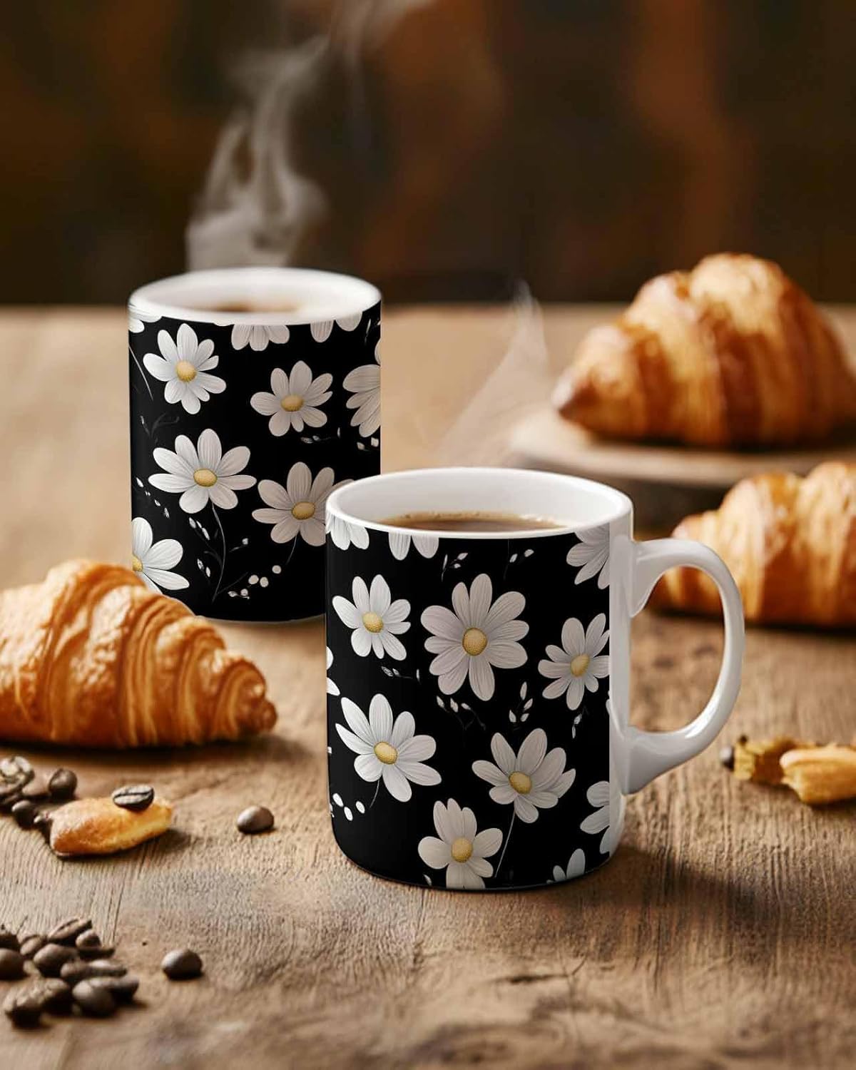 BEMIGO Ceramic Coffee Mug White Daisy Ceramic Mug White Cup, Black Background Insulated Coffee Cup with Handle with Pattern Perfect for Tea and Hot Beverages, 12oz