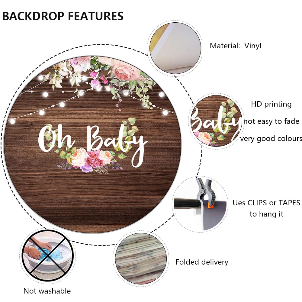 7x5ft Baby Shower Backdrop Pink Flowers Oh Baby Rustic Wood Photography Background - View #2