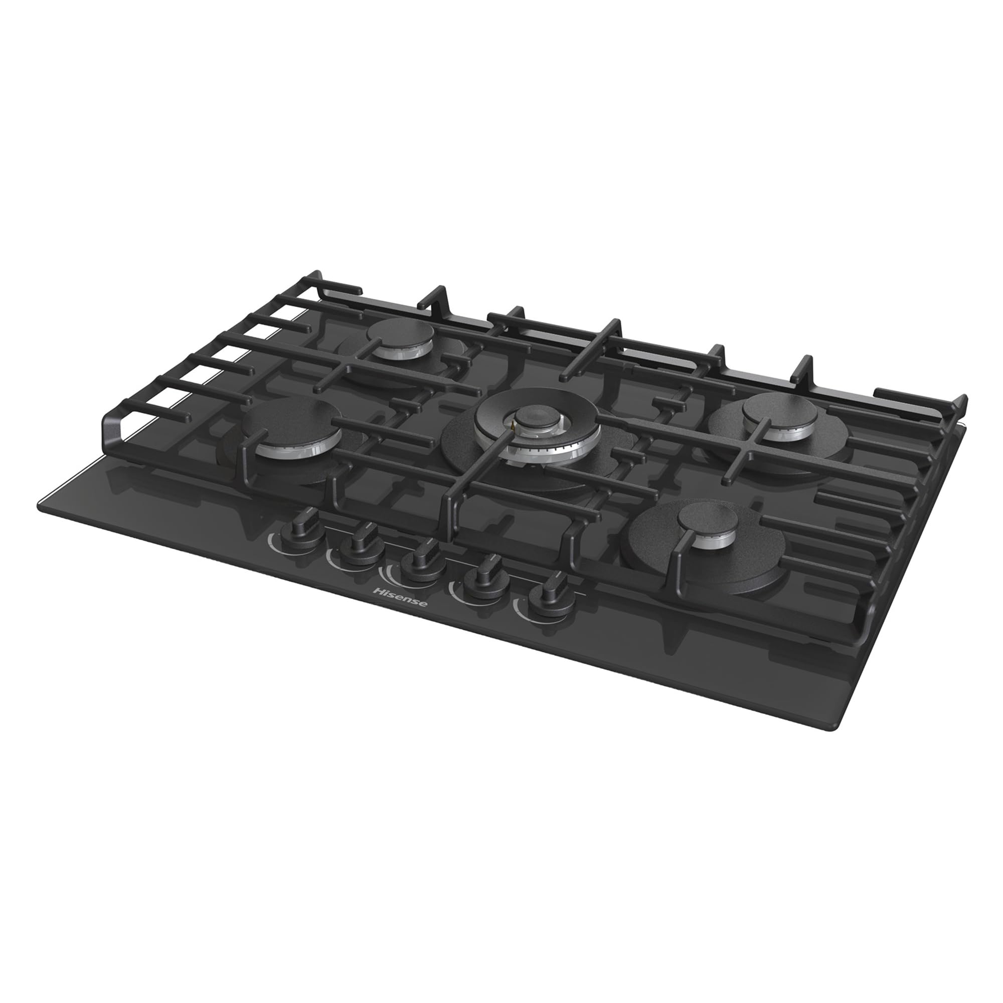 Hisense GG773B - Placa de Gas 5 Zonas, 1000W, Fondo 52cm, 5 Quemadores de Gas, Soporte de Hierro Fundido, Encendido con una mano, Quemador Wok, Superficie de fácil limpieza, Cristal Negro